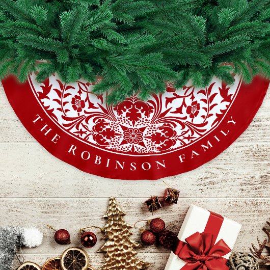 レトロ赤エレガント白クリスマスフローラルパターン ブラッシュドポリエステルツリースカート