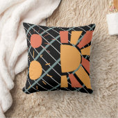 レトロ赤オレンジ色の夕日の青い黒と白のグリッド クッション (ブランケット)