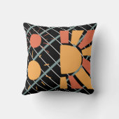 レトロ赤オレンジ色の夕日の青い黒と白のグリッド クッション (裏面)