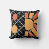 レトロ赤オレンジ色の夕日の青い黒と白のグリッド クッション (正面)
