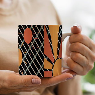 レトロ赤オレンジ色の夕日の青い黒と白のグリッド コーヒーマグカップ