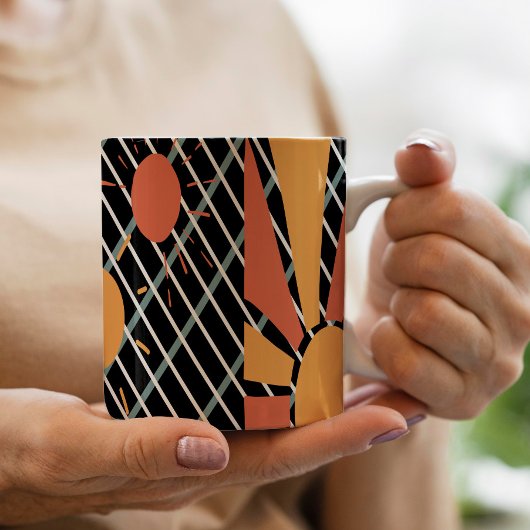 レトロ赤オレンジ色の夕日の青い黒と白のグリッド コーヒーマグカップ