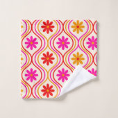 レトロ赤ピンクのオレンジ色の花オンゴージパターン バスタオルセット (ウォッシュタオル)