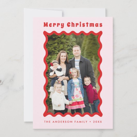 レトロ赤ピンクの波状フレームフォトメリークリスマス シーズンカード (正面)