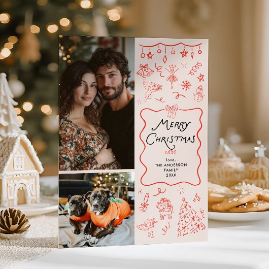 レトロ赤予測できな手描きメリークリスマスフォト シーズンカード