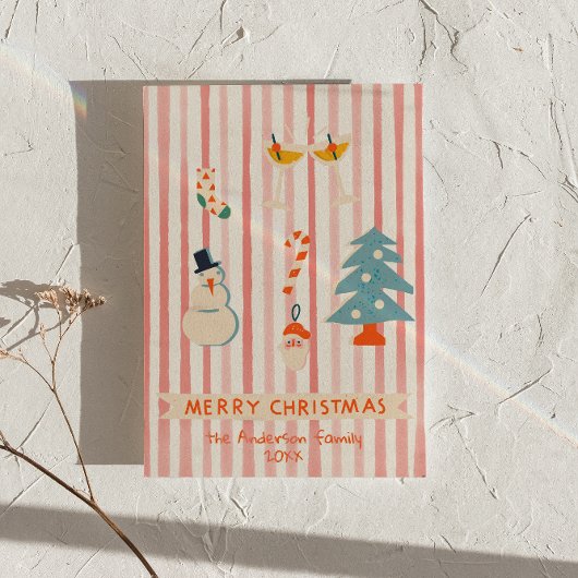 レトロ赤図解入りの、写真付きのカラフルクリスマス非写真 シーズンカード