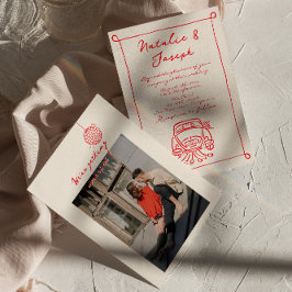 レトロ赤手描き書可愛い写真結婚ズ 招待状