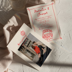 レトロ赤手描き書可愛い写真結婚ズ 招待状