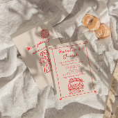 レトロ赤手描書きキュイ予測できな結婚ズ 招待状