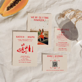 レトロ赤手落書き予測できな結婚の 招待状