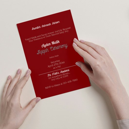 レトロ赤無地の色平野、Aqiqah赤ちゃんシャワー 招待状