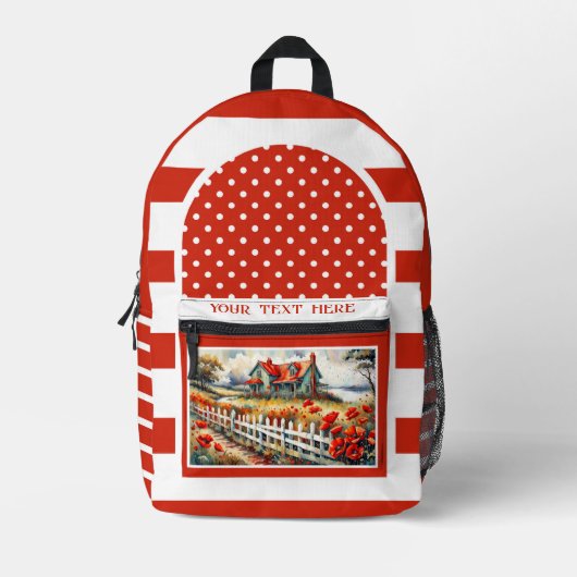 レトロ赤白ストライプの芸術的写真 プリントバックパック (正面)