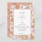 レトロ赤面ピンクオレンジ結婚花模様 招待状 (正面/裏面)