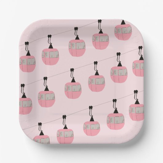 レトロ赤面ピンクスキーゴンドラリフトスキーヤー ペーパープレート (正面)