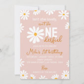 レトロ赤面ピンクデイジー第1の誕生日招待状 招待状 (正面)