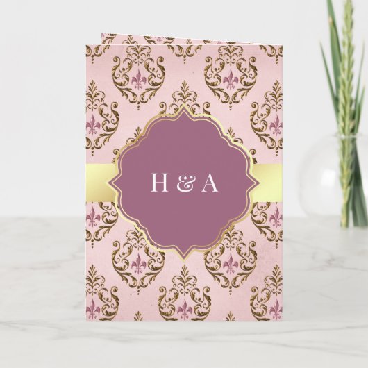 レトロ赤面ピンクパープル金ゴールドダマスクムスリム結婚ズ 招待状 (裏面)