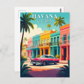 レトロ車とカラフルキューバの植民地建物 ポストカード (正面/裏面)