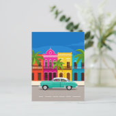 レトロ車とコロニアルカラフル建物キューバ ポストカード (スタンド正面)