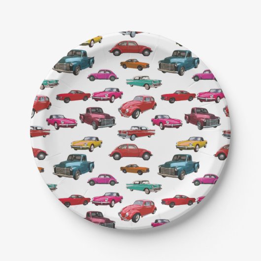 レトロ車とトラック模様 ペーパープレート (正面)