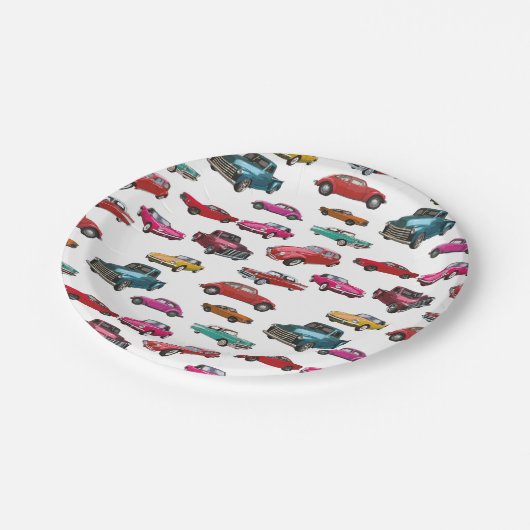 レトロ車とトラック模様 ペーパープレート (アングル)
