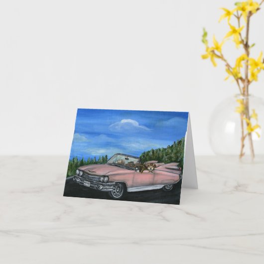 レトロ車のノートカードを運転する犬 カード (黄色い花)