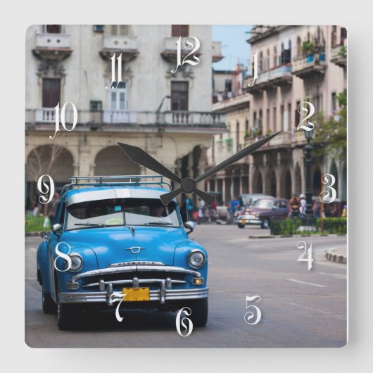 レトロ車のハバナ通り スクエア壁時計 (正面)
