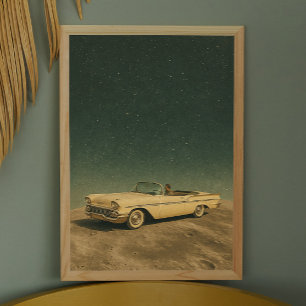レトロ車の月。ヴィンテージ宇宙コラージアート ポスター