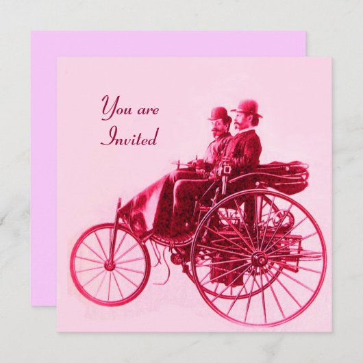 レトロ車の自動修復ピンク明るい赤紫色赤 招待状 (正面/裏面)