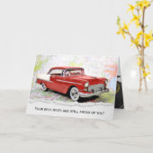 レトロ車の道路上の地図で退職 カード (黄色い花)