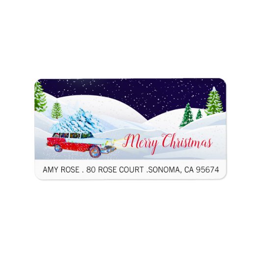 レトロ車メリークリスマスin雪 ラベル (正面)