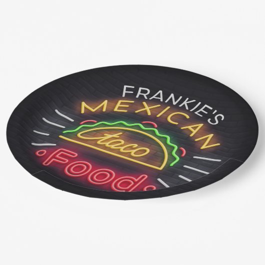 レトロ追加ネームフェイクネオンメキシコ料理タコディナール ペーパープレート (アングル)