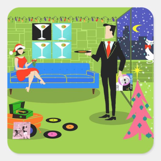 レトロ都市クリスマスカップルのシール スクエアシール (正面)