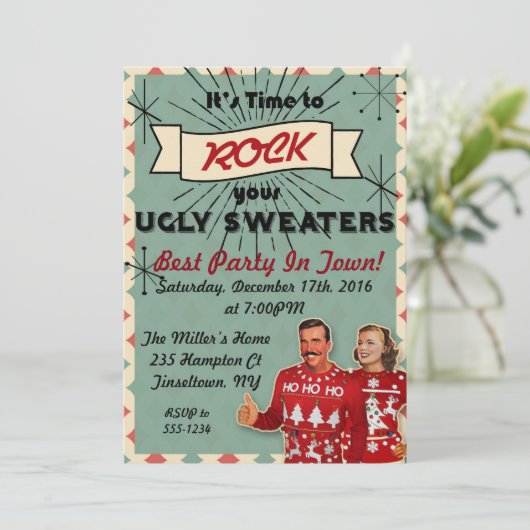 レトロ醜いセータークリスマスパーティの招待状 招待状 (スタンド正面)