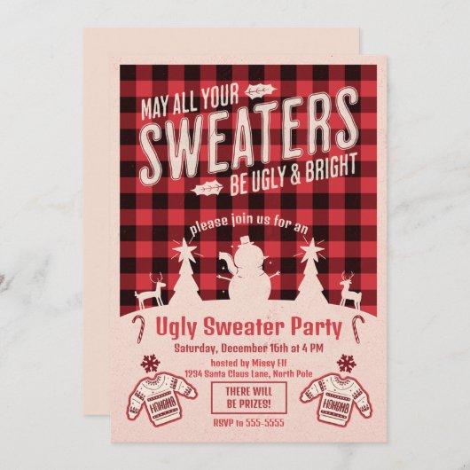レトロ醜いセーターパーティークリスマス 招待状 (正面/裏面)