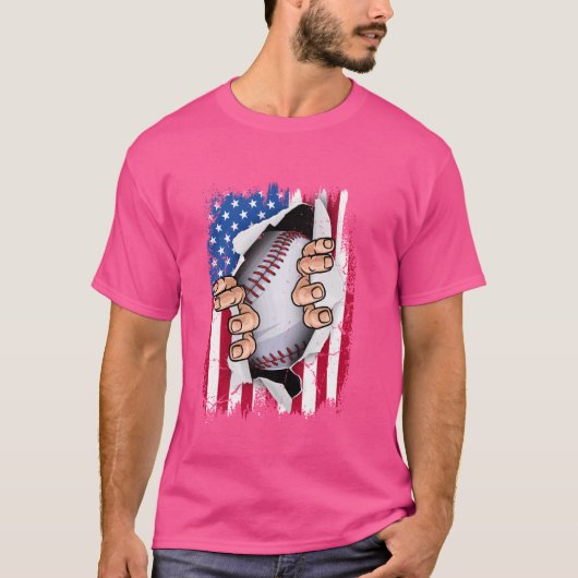 レトロ野球捕手USA国旗の独立性の日4 Tシャツ (正面)