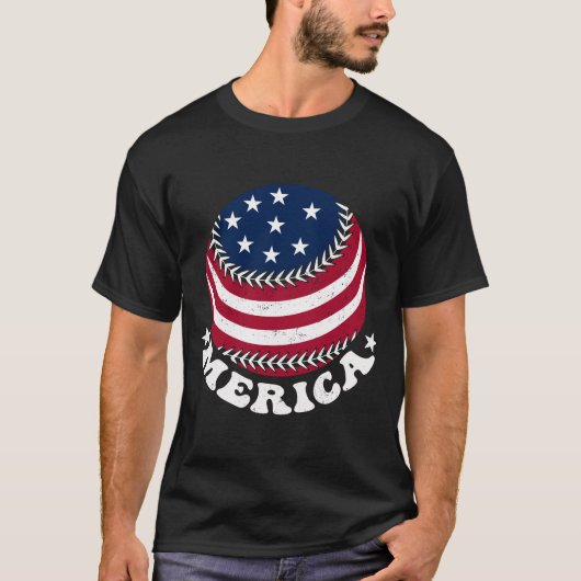 レトロ野球米国国旗7月ヴィンテージアメリカ4日 Tシャツ (正面)