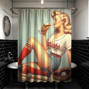レトロ野球絵画女子 シャワーカーテン