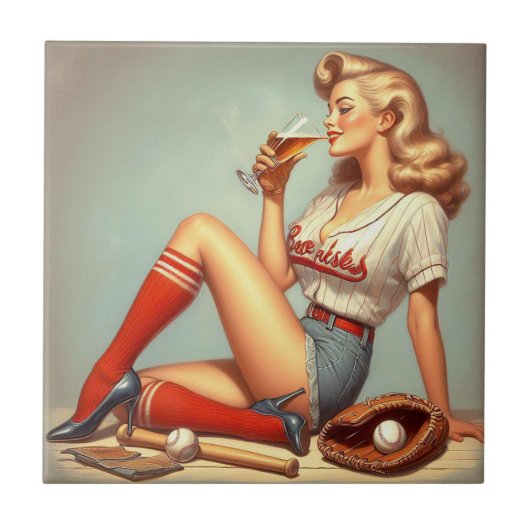 レトロ野球絵画女子 タイル (正面)