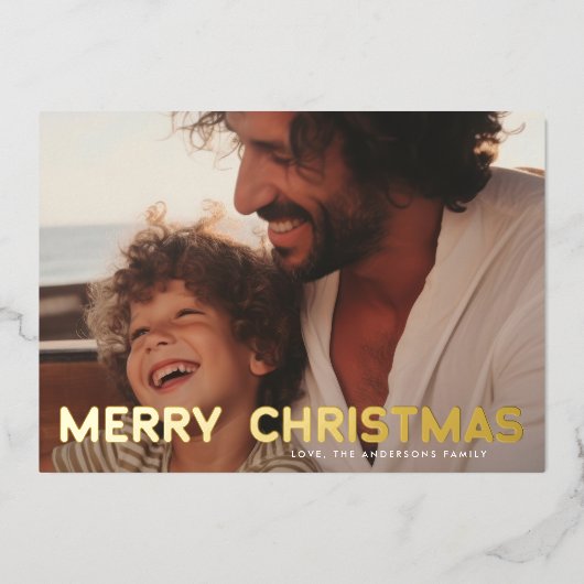 レトロ金ゴールドはっきりしたメリークリスマス写真 箔シーズンカード (正面)