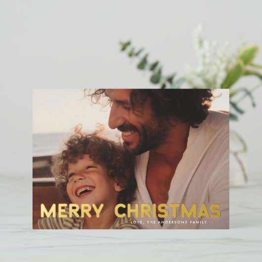 レトロ金ゴールドはっきりしたメリークリスマス写真 箔シーズンカード (立ち正面)