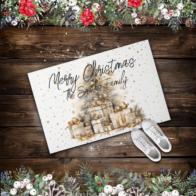 レトロ金ゴールドクリスマスツリーファミリー名 ドアマット (クリエイターアップロード済み)