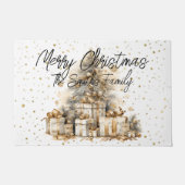 レトロ金ゴールドクリスマスツリーファミリー名 ドアマット (正面)