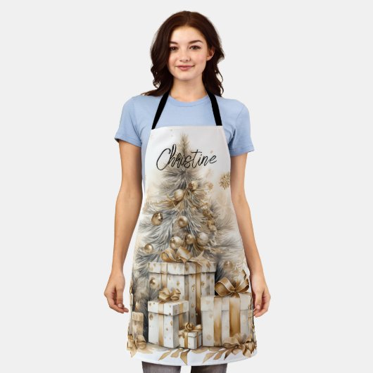 レトロ金ゴールドクリスマスツリー名 エプロン (着用した状態)