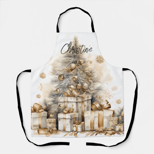 レトロ金ゴールドクリスマスツリー名 エプロン (正面)