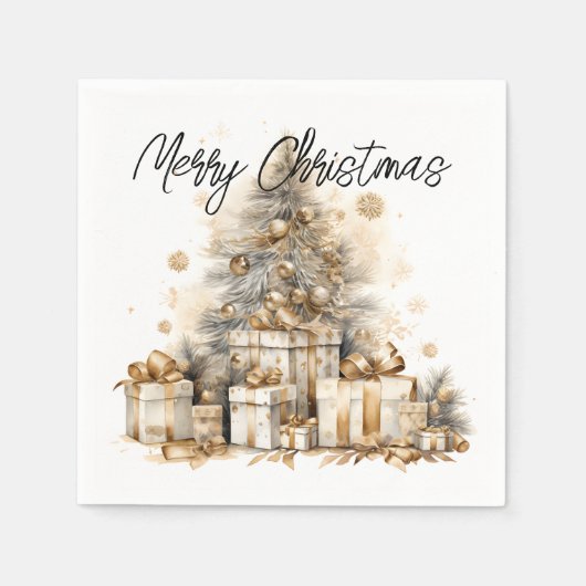 レトロ金ゴールドクリスマスツリー スタンダードカクテルナプキン (正面)