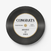 レトロ金ゴールドグリッタービニールレコードおめでとう結婚ズ ペーパープレート (正面)