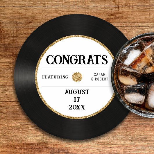 レトロ金ゴールドグリッタービニールレコードおめでとう結婚ズ ラウンドペーパーコースター