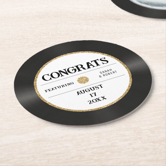 レトロ金ゴールドグリッタービニールレコードおめでとう結婚ズ ラウンドペーパーコースター (アングル)