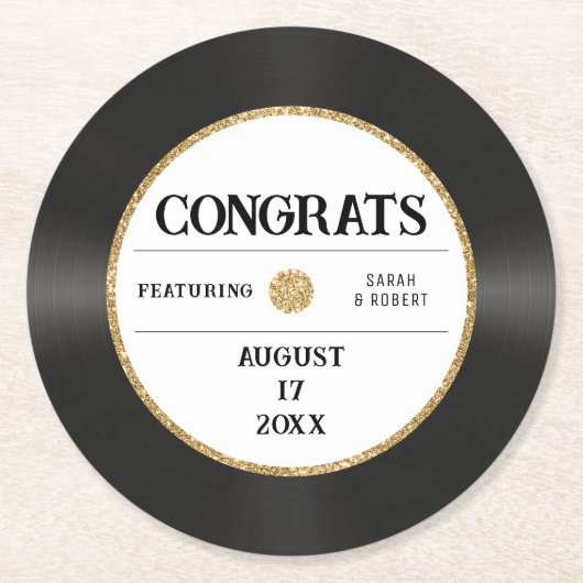 レトロ金ゴールドグリッタービニールレコードおめでとう結婚ズ ラウンドペーパーコースター (正面)