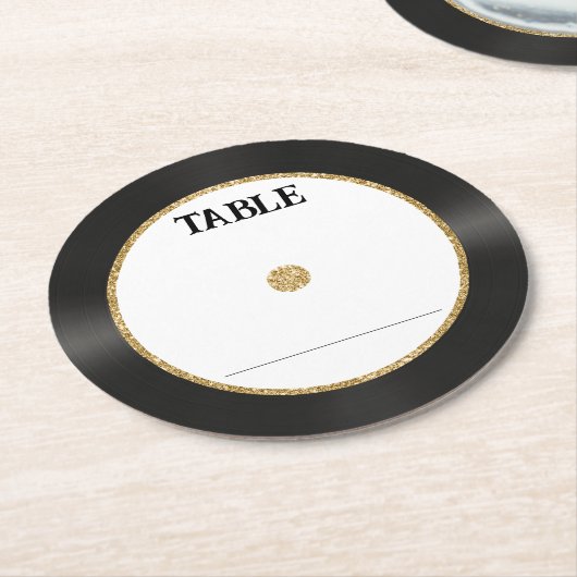 レトロ金ゴールドグリッタービニール結婚レコード座席表 ラウンドペーパーコースター (アングル)